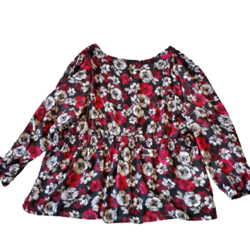 Torrid plus floral v neck blouson long sleeves peplum top, 5XL, blac… - Picture 8 of 14